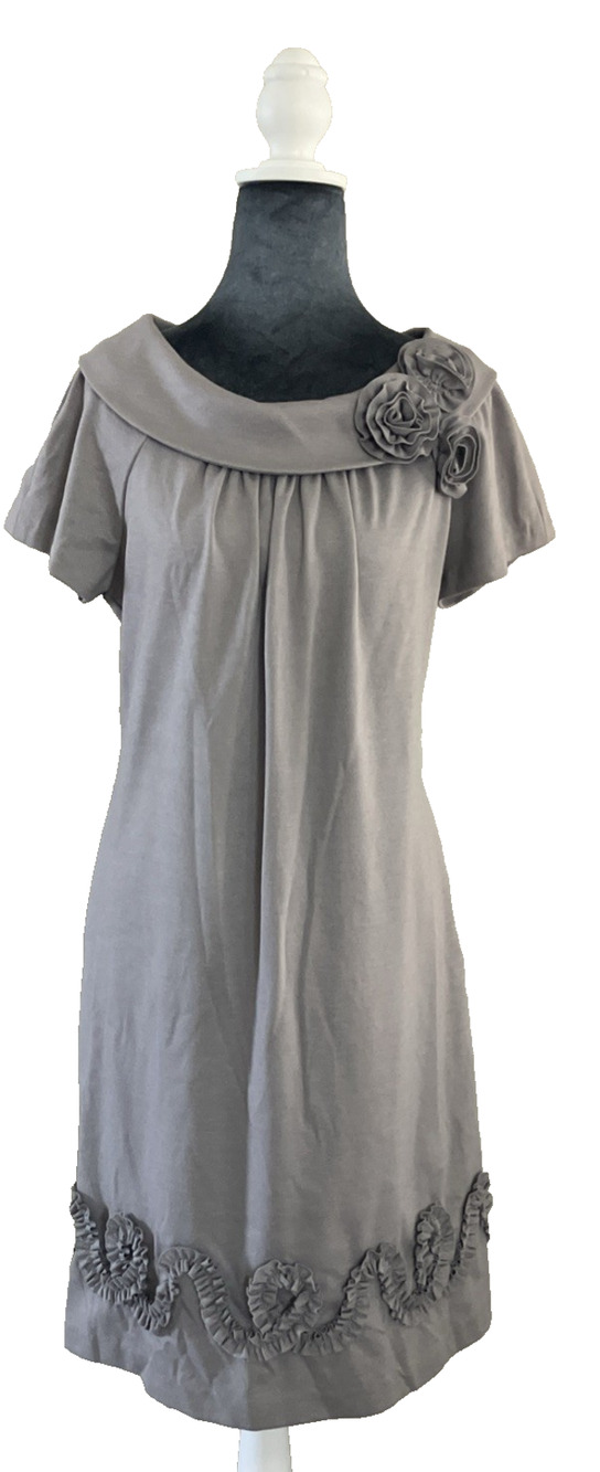 R&M Richards Dress Pleated Fabric Flowers Office Retro Sheath Gray Career SZ 8